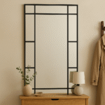 Sera Black Frame Floor Mirror. Black full-length mirror. Modern dressing mirror. Matte black frame mirror. Tall wall mirror. Minimalist décor accent. Contemporary floor mirror.