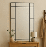 Sera Black Frame Floor Mirror. Black full-length mirror. Modern dressing mirror. Matte black frame mirror. Tall wall mirror. Minimalist décor accent. Contemporary floor mirror.