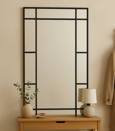 Sera Black Frame Floor Mirror. Black full-length mirror. Modern dressing mirror. Matte black frame mirror. Tall wall mirror. Minimalist décor accent. Contemporary floor mirror.