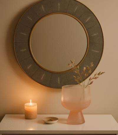 Shagreen Grey Wall Mirror. Grey and gold mirror. Textured wall mirror. Luxury home décor. Boho chic mirror. Contemporary wall accent. Gold trim mirror. Modern interior accessory. Elegant wall décor.