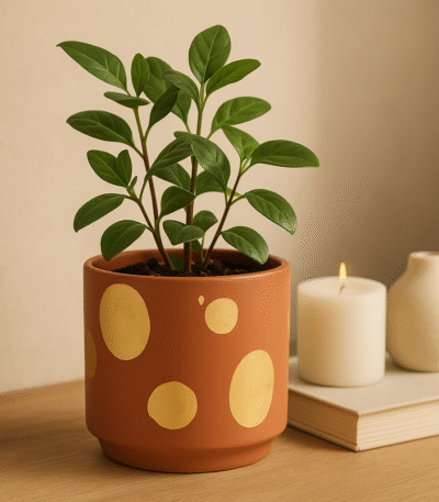 Sia Gold Spotted Plant Pot. Gold ceramic planter. Terracotta pot. Handcrafted plant pot. Small and medium plant pot. Modern home décor. Minimalist luxe décor. Artistic terracotta pot. Contemporary gold accent plant pot.
