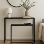 Torren Set of 2 Console Tables. Black mirrored console set. Modern hallway tables. Minimalist furniture. Tempered glass tables. Space-saving design. Contemporary home décor.