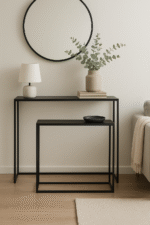 Torren Set of 2 Console Tables. Black mirrored console set. Modern hallway tables. Minimalist furniture. Tempered glass tables. Space-saving design. Contemporary home décor.