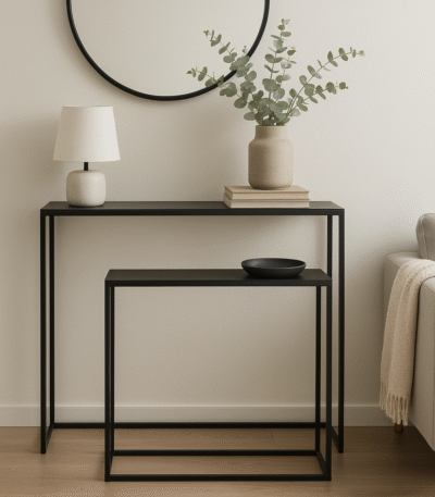 Torren Set of 2 Console Tables. Black mirrored console set. Modern hallway tables. Minimalist furniture. Tempered glass tables. Space-saving design. Contemporary home décor.