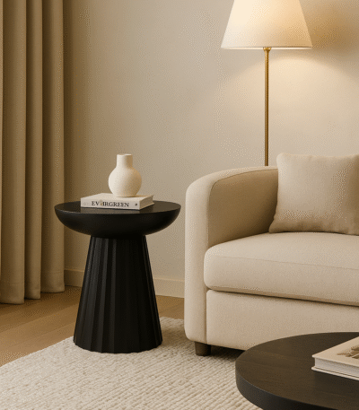 Tova Carved Ridge Side Table. Black mango wood table. Eco-friendly side table. Modern carved table. Ridged base furniture. Handcrafted wooden table. Sculptural side table. Minimalist bowl top table. Sustainable mango wood furniture. Black wood accent table. Contemporary living room furniture. Artisanal wooden side table. Textured modern furniture. Round mango wood side table. Luxury handcrafted decor.