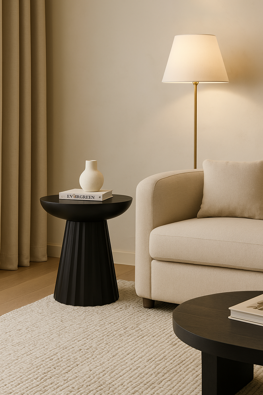 Tova Carved Ridge Side Table Tova Carved Ridge Side Table. Black mango wood table. Eco-friendly side table. Modern carved table. Ridged base furniture. Handcrafted wooden table. Sculptural side table. Minimalist bowl top table. Sustainable mango wood furniture. Black wood accent table. Contemporary living room furniture. Artisanal wooden side table. Textured modern furniture. Round mango wood side table. Luxury handcrafted decor.