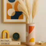 Tovi Abstract Vase. Multicoloured ceramic vase. Abstract geometric design. Hand-carved vase. Bright decorative accent. Modern ceramic décor. Artistic home accessory. Cylindrical vase. Contemporary colourful vase.