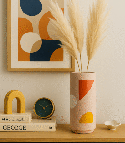 Tovi Abstract Vase. Multicoloured ceramic vase. Abstract geometric design. Hand-carved vase. Bright decorative accent. Modern ceramic décor. Artistic home accessory. Cylindrical vase. Contemporary colourful vase.