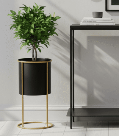 Lane Black & Gold Floor Standing Plant Pot. Black and gold indoor planter. Modern plant stand. Small and large floor planter. Luxury home décor. Minimalist gold frame planter. Contemporary plant pot.