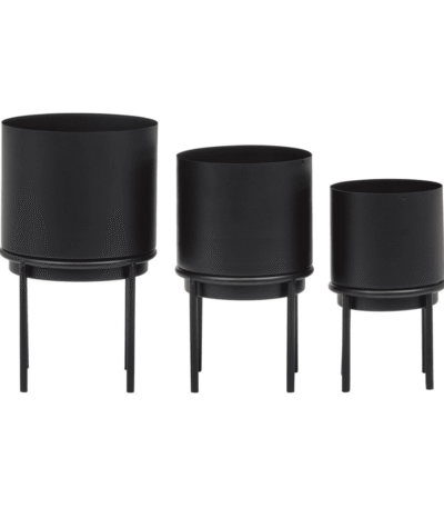 Kye Set of 3 Black Plant Pots. Modern black planters. Metal plant stands. Iron planters. Minimalist décor. Indoor plant display. Contemporary planter set. Durable planters. Stylish plant holders.