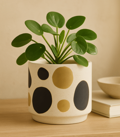 Vale Spotted Ceramic Plant Pot. Spotted ceramic plant pot. Black and gold plant pot. Handcrafted ceramic plant pot. Small and medium pot. Modern luxe décor. Minimalist home accessory. Artistic ceramic pot. Contemporary plant holder.