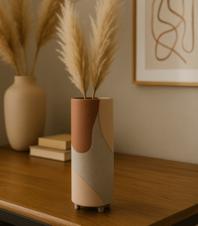 Vara Terracotta Abstract Vase. Terracotta vase. Abstract ceramic vase. Bauhaus décor. Colourful geometric vase. Handcrafted home décor. Small and large vase. Modern sculptural vase. Artistic terracotta accessory.