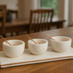 Vetra Marble Dip Bowls. Marble serving set. Dip bowls with spoons. Marble board with copper inlay. Entertaining serveware. Luxury kitchen décor. Elegant dining accessories. Natural marble serve set. Modern home entertaining.