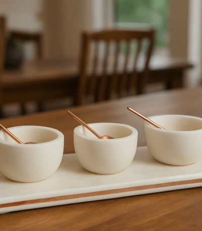 Vetra Marble Dip Bowls. Marble serving set. Dip bowls with spoons. Marble board with copper inlay. Entertaining serveware. Luxury kitchen décor. Elegant dining accessories. Natural marble serve set. Modern home entertaining.