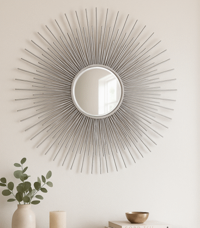 Voss Silver Sunburst Wall Mirror. Silver wall mirror. Sunburst mirror design. Modern wall décor. Round decorative mirror. Iron frame mirror. Contemporary silver décor. Reflective wall art. Statement mirror.
