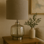 Vyn Glass Table Lamp. Etched glass lamp. Natural fabric shade. Silver base table lamp. Modern lighting. Boho chic décor. Contemporary bedside lamp. Elegant home lighting. Translucent glass lamp.