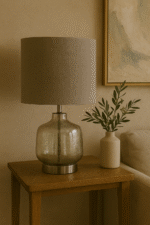 Vyn Glass Table Lamp. Etched glass lamp. Natural fabric shade. Silver base table lamp. Modern lighting. Boho chic décor. Contemporary bedside lamp. Elegant home lighting. Translucent glass lamp.