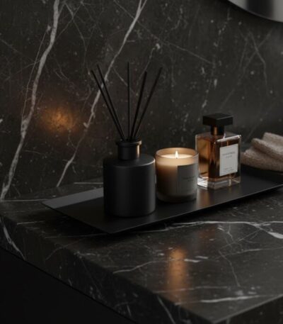 Caven Bathroom Tray. Black bathroom tray. Stainless steel tray. Modern bathroom organiser. Luxury bathroom accessory. Black vanity tray. Minimalist bathroom decor. Elegant bathroom tray. Durable metal tray. Contemporary bathroom accessory. Caven bathroom collection. Stylish storage tray.