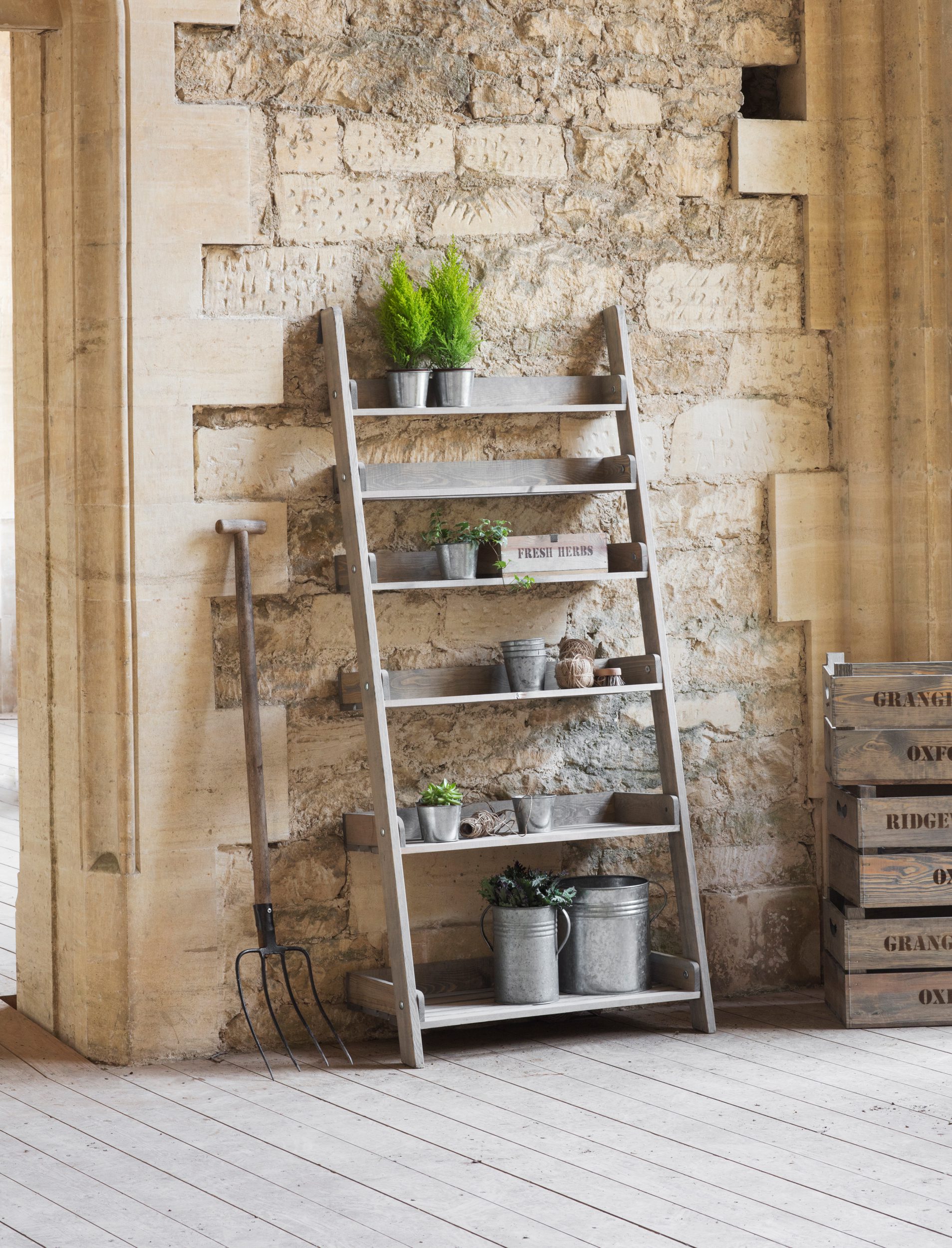Aldsworth Wide Shelf Ladder Unit Aldsworth Wide Shelf Ladder Unit. Wooden ladder shelf. Rustic ladder shelving. Spruce shelf unit. Indoor outdoor ladder shelf. Plant ladder stand. Rustic bookshelf. Wide ladder display unit. Farmhouse style shelving. Kitchen ladder shelf. Potting shed storage. Home décor ladder shelf. Natural wood shelving unit. Folding ladder shelf. Decorative wooden ladder.