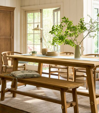 Hanborough Dining Table. Recycled teak dining table. Rustic wooden dining table. Live edge dining table. Trestle dining table. Farmhouse dining furniture. Indonesian teak furniture. Natural wood dining table. Six seater dining table. Rustic kitchen furniture. Reclaimed wood furniture. Handcrafted dining table. Warm wood dining table. Rustic dining room table. Solid teak dining table.