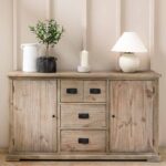 Topsham Large Sideboard. Recycled pine sideboard. Rustic wooden sideboard. Large storage sideboard. Kitchen sideboard unit. Dining room storage. Farmhouse style furniture. Natural wood sideboard. Pine sideboard cabinet. Living room storage unit. Spacious sideboard drawers. Rustic home furniture. Dark handle sideboard. Reclaimed wood sideboard. Sturdy wooden sideboard.