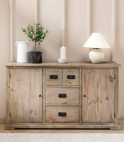 Topsham Large Sideboard. Recycled pine sideboard. Rustic wooden sideboard. Large storage sideboard. Kitchen sideboard unit. Dining room storage. Farmhouse style furniture. Natural wood sideboard. Pine sideboard cabinet. Living room storage unit. Spacious sideboard drawers. Rustic home furniture. Dark handle sideboard. Reclaimed wood sideboard. Sturdy wooden sideboard.