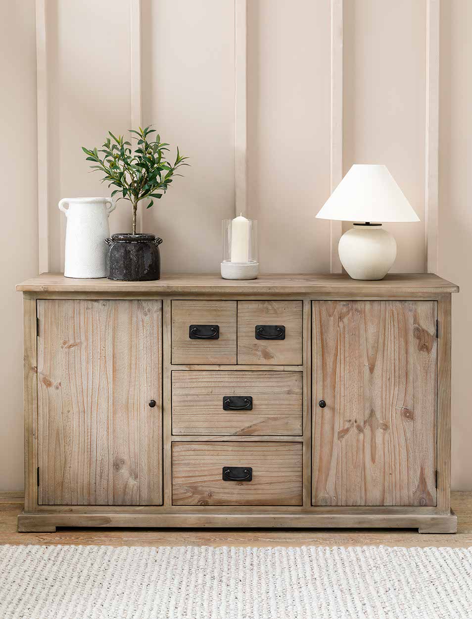 Topsham Large Sideboard Topsham Large Sideboard. Recycled pine sideboard. Rustic wooden sideboard. Large storage sideboard. Kitchen sideboard unit. Dining room storage. Farmhouse style furniture. Natural wood sideboard. Pine sideboard cabinet. Living room storage unit. Spacious sideboard drawers. Rustic home furniture. Dark handle sideboard. Reclaimed wood sideboard. Sturdy wooden sideboard.