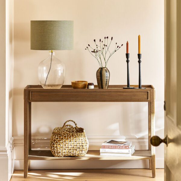 Chesterton Console Table. Wooden console table. Natural wood console. Bayur wood console. Mindi veneer console table. Rattan top console. Hallway console table. Rustic console furniture. Modern natural console. Handcrafted wooden table. Living room console table. Warm wood furniture. Stylish hallway storage. Indonesian wood furniture. Versatile console table.