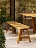 Hawthorne Oval Bench. Reclaimed teak bench. Oval dining bench. Indoor outdoor bench. Rustic teak furniture. Indonesian teak bench. Weatherproof dining bench. Garden dining furniture. Patio bench seat. Rustic indoor bench. Natural wood bench. Sustainable teak furniture. Outdoor seating bench. Farmhouse style bench. Durable wooden bench.