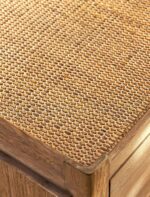 Chesterton Chest of Drawers. Wooden chest of drawers. Natural wood drawers. Rattan top drawers. Bayur wood furniture. Mindi veneer drawers. Brass handle chest. Wooden drawer unit. Bedroom storage drawers. Living room storage furniture. Handcrafted wood chest. Rustic bedroom furniture. Warm wood furniture. Solid wood drawers. Modern natural storage.