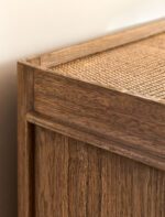 Chesterton Chest of Drawers. Wooden chest of drawers. Natural wood drawers. Rattan top drawers. Bayur wood furniture. Mindi veneer drawers. Brass handle chest. Wooden drawer unit. Bedroom storage drawers. Living room storage furniture. Handcrafted wood chest. Rustic bedroom furniture. Warm wood furniture. Solid wood drawers. Modern natural storage.