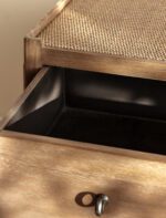 Chesterton Chest of Drawers. Wooden chest of drawers. Natural wood drawers. Rattan top drawers. Bayur wood furniture. Mindi veneer drawers. Brass handle chest. Wooden drawer unit. Bedroom storage drawers. Living room storage furniture. Handcrafted wood chest. Rustic bedroom furniture. Warm wood furniture. Solid wood drawers. Modern natural storage.