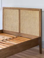 Chesterton King Bed. Wooden king bed. Rattan headboard bed. Bayur wood furniture. Mindi wood veneer bed. Natural wood bed frame. Handcrafted king bed. Solid timber slat bed. Rustic bedroom furniture. Modern natural bedroom. Boho bedroom bed. Coastal style bed. Warm wood bed. Indonesian wooden furniture. Premium king bed.