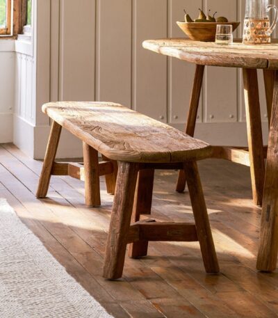 Hawthorne Oval Bench. Reclaimed teak bench. Oval dining bench. Indoor outdoor bench. Rustic teak furniture. Indonesian teak bench. Weatherproof dining bench. Garden dining furniture. Patio bench seat. Rustic indoor bench. Natural wood bench. Sustainable teak furniture. Outdoor seating bench. Farmhouse style bench. Durable wooden bench.