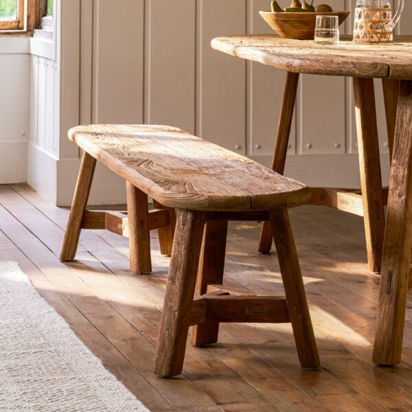 Hawthorne Oval Bench. Reclaimed teak bench. Oval dining bench. Indoor outdoor bench. Rustic teak furniture. Indonesian teak bench. Weatherproof dining bench. Garden dining furniture. Patio bench seat. Rustic indoor bench. Natural wood bench. Sustainable teak furniture. Outdoor seating bench. Farmhouse style bench. Durable wooden bench.