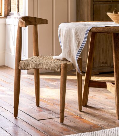 Hawthorne Set of 2 Dining Chairs. Reclaimed teak dining chairs. Teak and hyacinth chairs. Indoor outdoor dining chairs. Rustic wooden chairs. Sustainable dining furniture. Indonesian teak chairs. Natural woven seat chairs. Farmhouse dining chairs. Rustic dining room seating. Patio dining chairs. Eco-friendly furniture. Teak chair set. Weatherproof teak chairs. Handcrafted dining chairs.