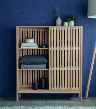 Linear Large Storage Cabinet. Natural ash cabinet. Sliding door storage unit. Modern storage cabinet. Vertical line cabinet. Minimalist storage furniture. Exposed shelving cabinet. Contemporary storage unit. Living room cabinet. Dining room storage. Home office storage. Scandinavian style cabinet. Modern wood cabinet. Tall storage unit. Functional home storage.