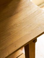 Hanborough Console Table. Recycled teak console table. Live edge console table. Rustic hallway table. Wooden console table. Trestle style table. Natural wood console. Sustainable furniture. Modern rustic furniture. Entryway console table. Teak wood furniture. Handcrafted console table. Hallway storage table. Lower shelf console table. Warm wood furniture.