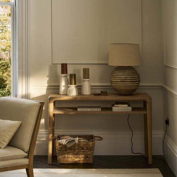 Ellwood Console Table. Oak console table. Curved edge console table. Hallway console table. Oak wood furniture. Modern classic console. Oak veneer table. Living room console table. Hallway storage table. Lower shelf console. Elegant oak furniture. Natural wood console. Timeless hallway table. Sturdy console table. Oak entryway table.