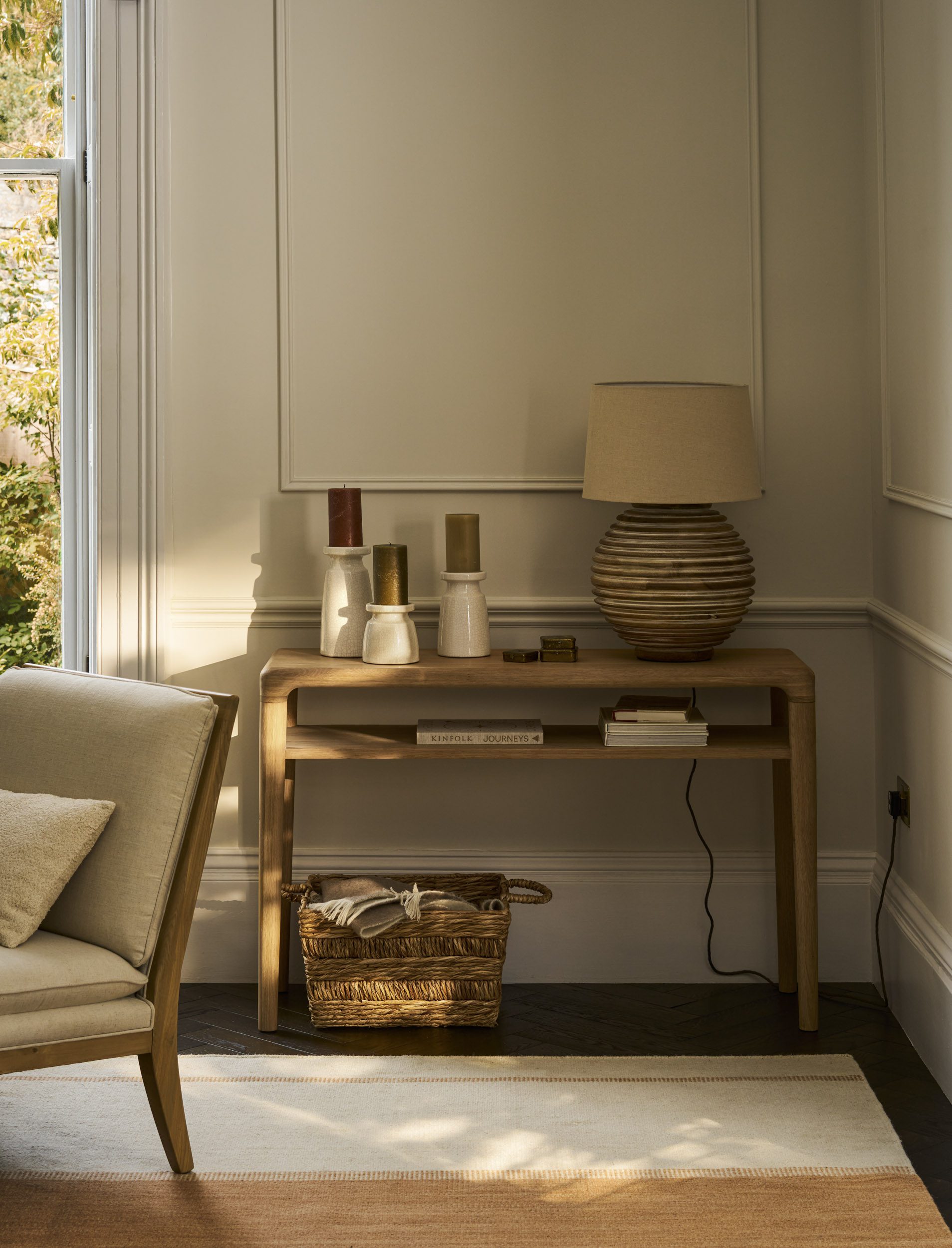 Ellwood Console Table Ellwood Console Table. Oak console table. Curved edge console table. Hallway console table. Oak wood furniture. Modern classic console. Oak veneer table. Living room console table. Hallway storage table. Lower shelf console. Elegant oak furniture. Natural wood console. Timeless hallway table. Sturdy console table. Oak entryway table.